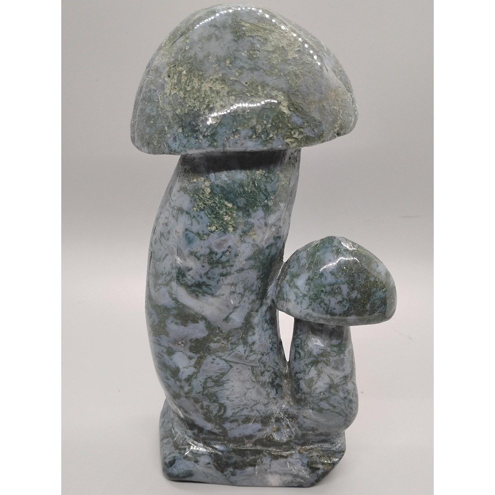 Moss Agate Sculpture, Natural Stone Mushroom Decor, Earthy Mineral
